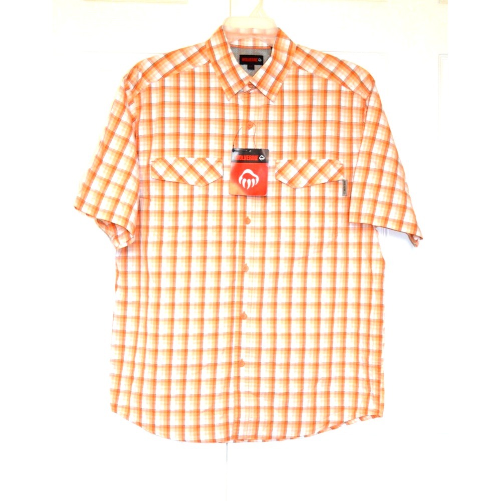 Wolverine Pentwater Plaid Shirt Men's Size L Orange Plaid Short Sleeve Vented
